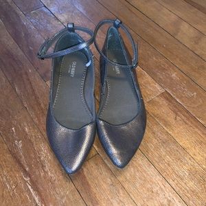 Metallic gunmetal ankle strap flats